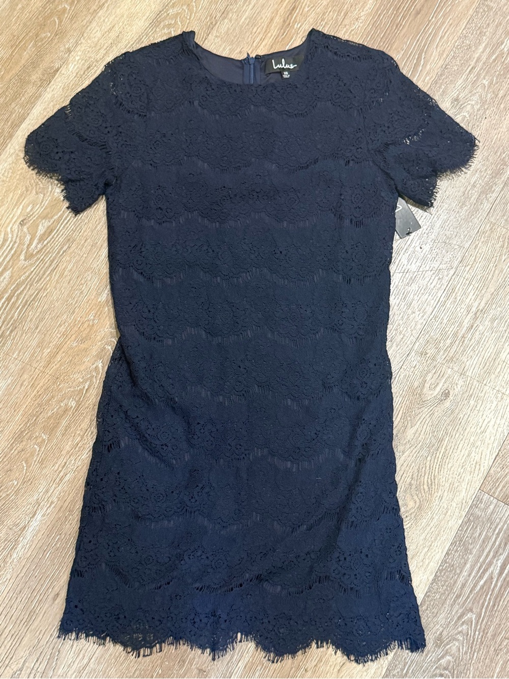 Lulus Take Me to Brunch Navy Blue Lace Short Sleeve Shift Dress Mini XS NWT